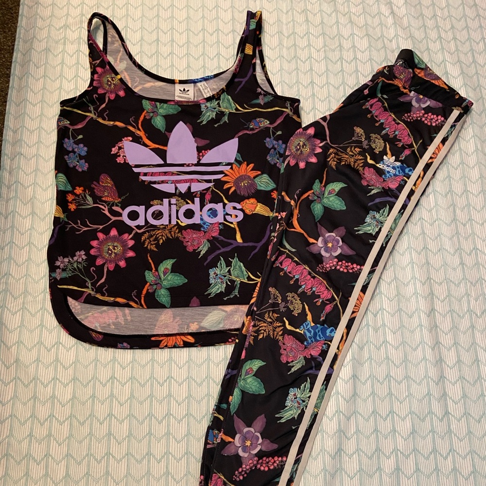 Adidas Black Floral Leggings and Tank Set